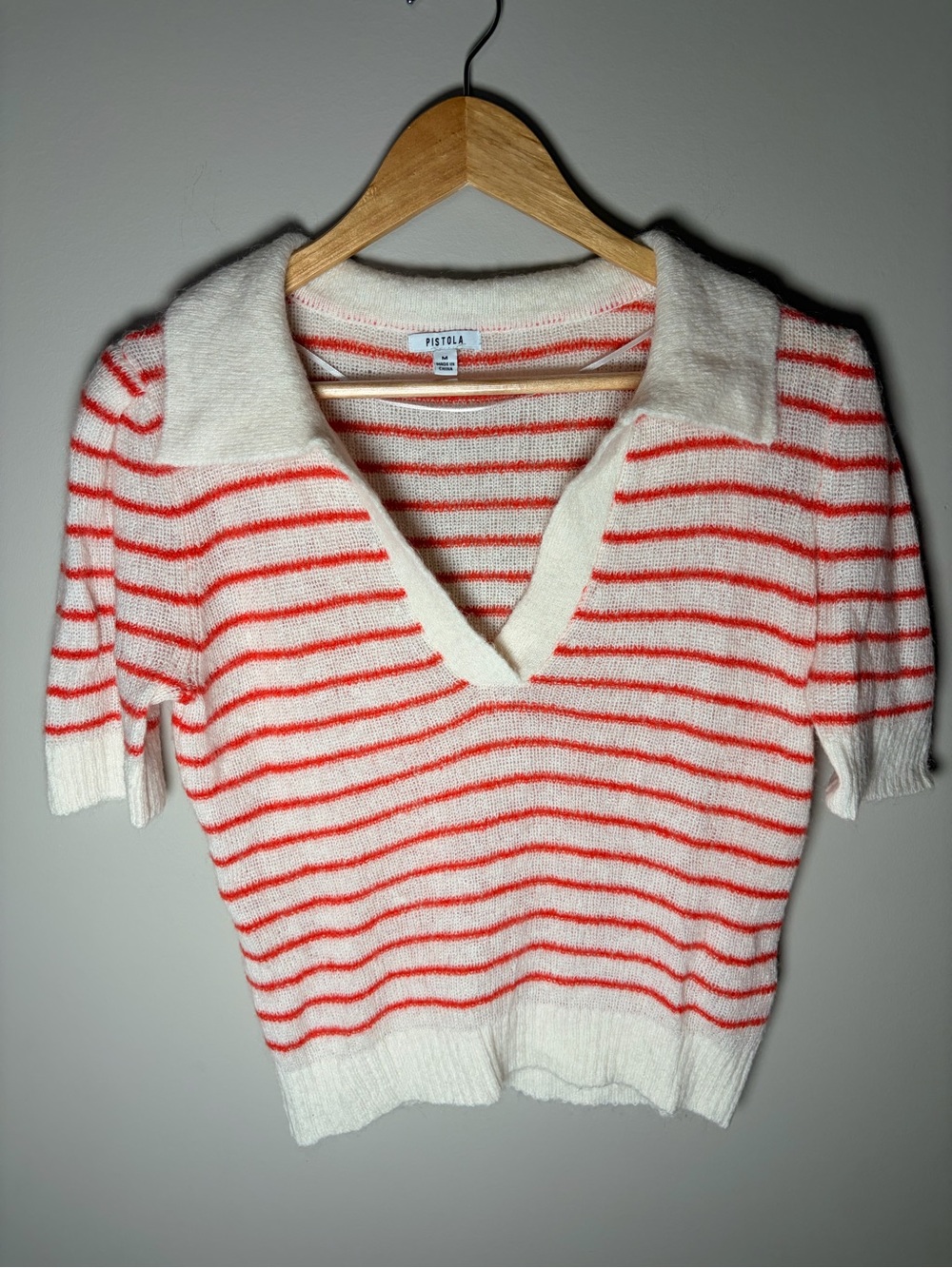 Pistola Poppy Stripe Collared Sweater Top Ivory Orange Wool Mohair Size M